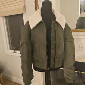 Steve Madden Olive Bomber Jacket with Cream Collar